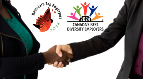 Two people shaking hands, with Montreal top employer and Canada's best diversity employers logo in the background