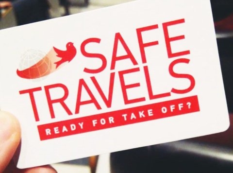 Safe Travels and the ƻԺ Abroad logo on a wallet sized card with the words "Ready for take off?" underneath